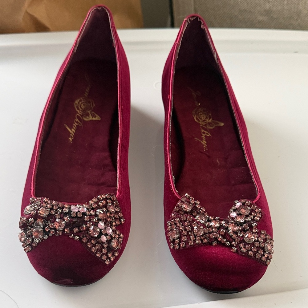 Joan Boyce Burgundy Velvet Flats with Rhinestone Bow